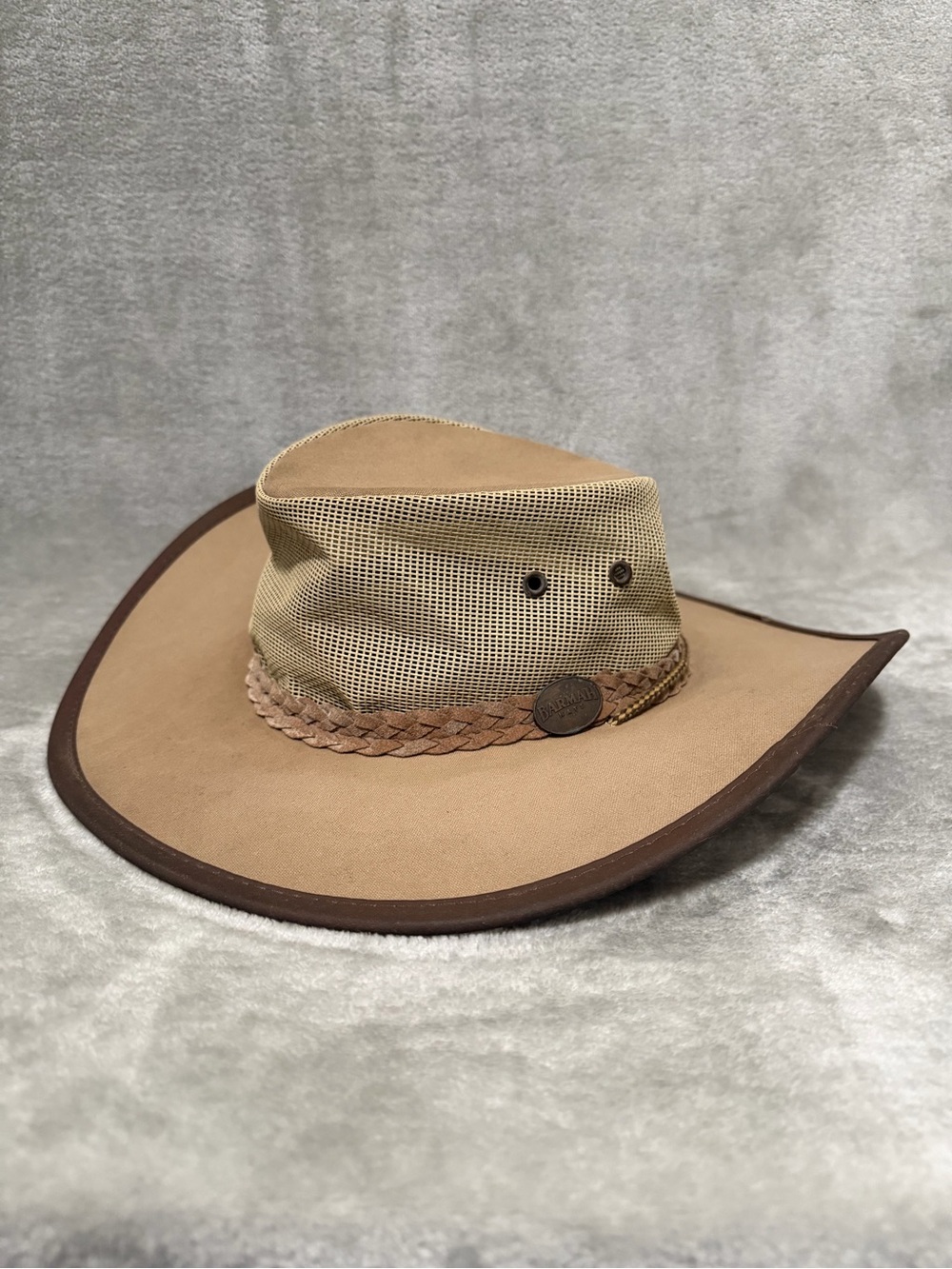 Barmah 1057 Canvas Drover Tan Hat Mesh AirFLow Vented Brown Leather Trim